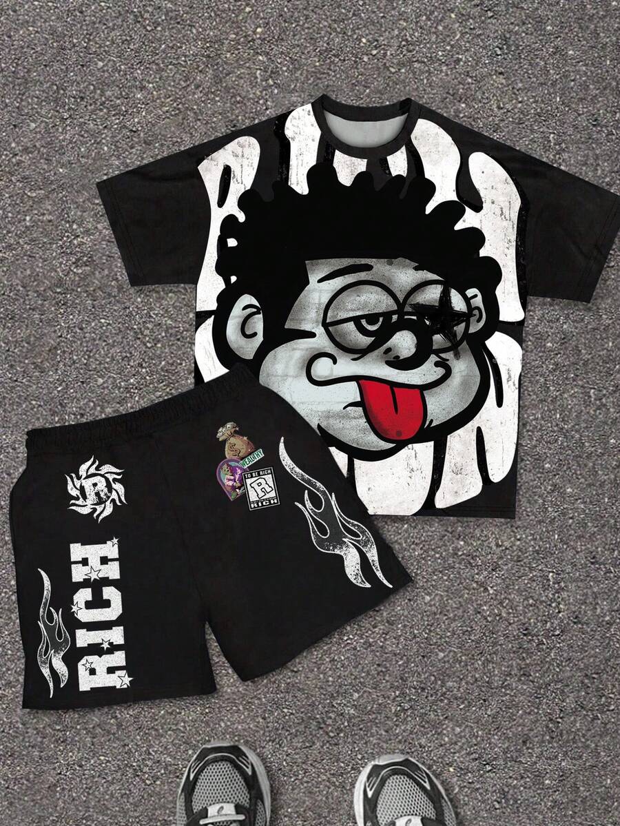 SHEIN 2件套男童休闲时尚卡通人物“Rich Soon”图案印花T恤上衣和钱包，火焰图案短裤，适合夏季、街头风、摇滚乐、优雅休闲等场合。 - 彩色 - 查看 1