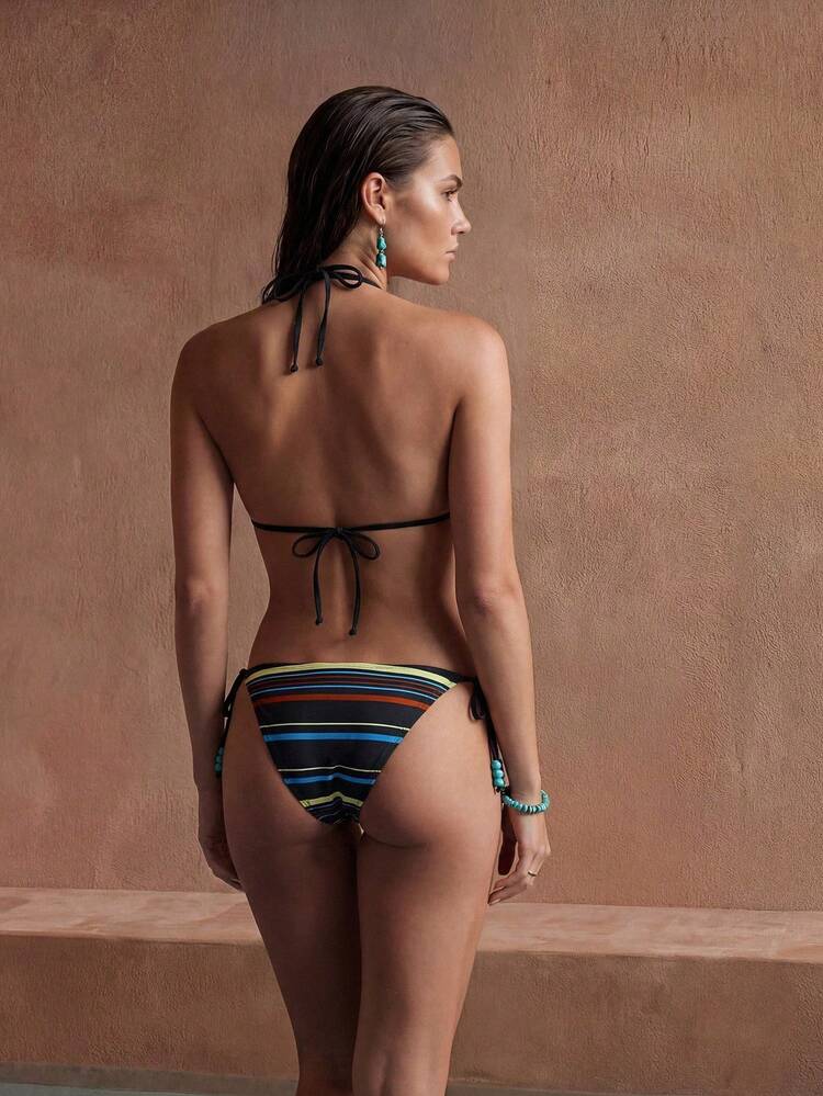 Women's Striped Print Halter Twist Front Bikini Swimsuit