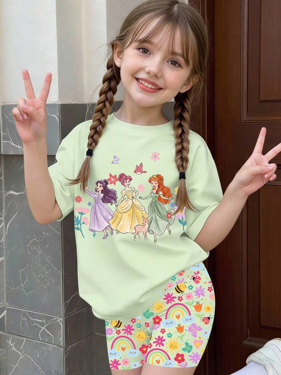 Elladie kids 一套女童休闲可爱卡通清新薄荷绿套装,包含一件公主图案印花短袖圆领T恤和一条花卉蜜蜂印花骑行短裤,适合郊游、节日、上学、度假、夏季穿着。 - 彩色 - 查看 1