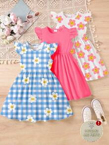 SHEIN Elladie kids 3件組少女花卉與格紋印花荷葉袖A字洋裝，甜美可愛，適合夏季戶外穿著 - 彩色 - 查看 5