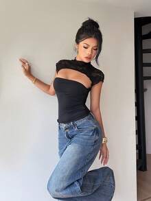 SHEIN PETITE CURVE Plus Size Women's Summer Black Classy Sexy Night Out Date Night Club Camisole,Lace Hollow Out Tight Top,Gothic Fitted Solid Elegant Y2K Festival Top - Black - View 4