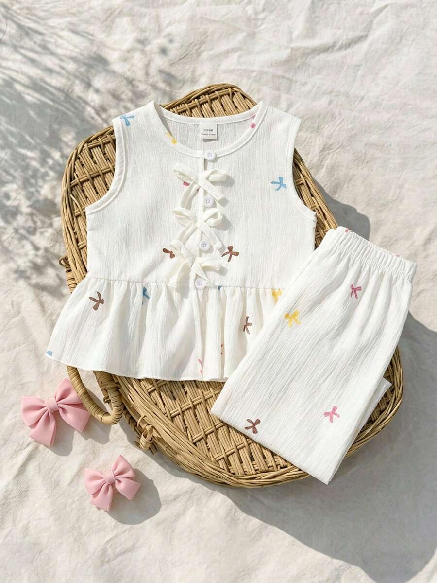 SHEIN Vintaside Kids 两件套女婴夏季套装,适合3个月至3岁,白色时尚可爱圆领无袖荷叶边上衣和松紧腰裤,柔软休闲,适合春夏季节各种场合,可作礼物、返校季、假期、夏季服装和旅行穿着。 - 白色 - 查看 1