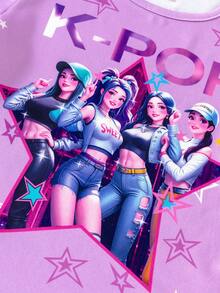 2件套少女休闲时尚卡通动漫风格星星印花圆领短袖上衣+星星喇叭裤套装，适合夏季穿着 - 彩色 - 查看 3