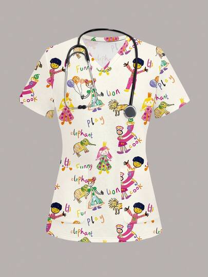 PopScrub Casual Minimalist Style Cute Graffiti Hand-Painted Cartoon Crayon Print Pattern Women's Uniform Top, Suitable For Spring And Summer