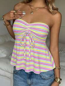 CovetEZ 女士撞色条纹印花衬衫，适合夏季、户外活动、街头风、机场休闲、时尚装扮、海滩度假、音乐节等场合。 - 彩色 - 查看 5