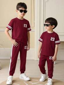 SHEIN 2pcs Young Boys' Casual Comfortable Versatile Printed T-Shirt And Pants Set - Burgundy - View 2