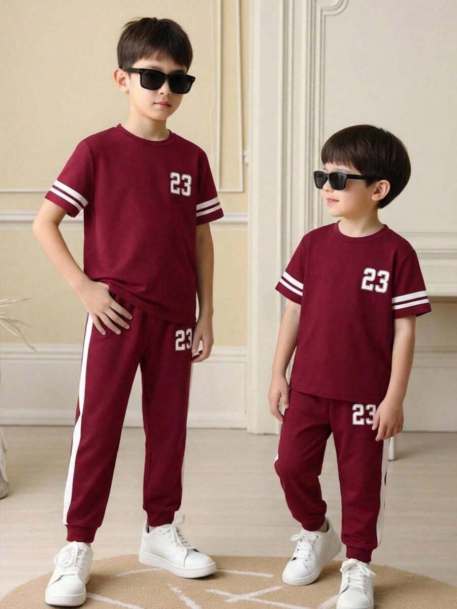 SHEIN 2pcs Young Boys' Casual Comfortable Versatile Printed T-Shirt And Pants Set
