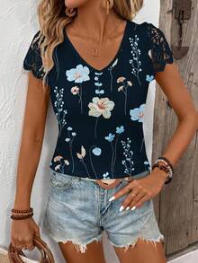 Women's Summer Holiday Floral Printed Short Sleeve Casual T-Shirt With V-Neck, Mother Day Summer Graphic Tees, Women Tops - Navy Blue - View 3
