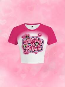 THE POWERPUFF GIRLS X SHEIN Áo thun nữ dáng ngắn ôm sát, in chữ phối màu tương phản - trắng - Xem 1