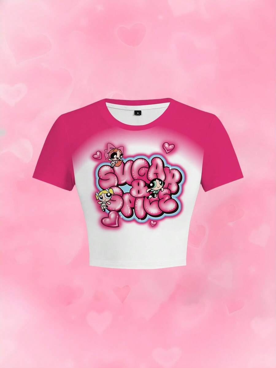 THE POWERPUFF GIRLS X SHEIN Áo thun nữ dáng ngắn ôm sát, in chữ phối màu tương phản - trắng - Xem 1