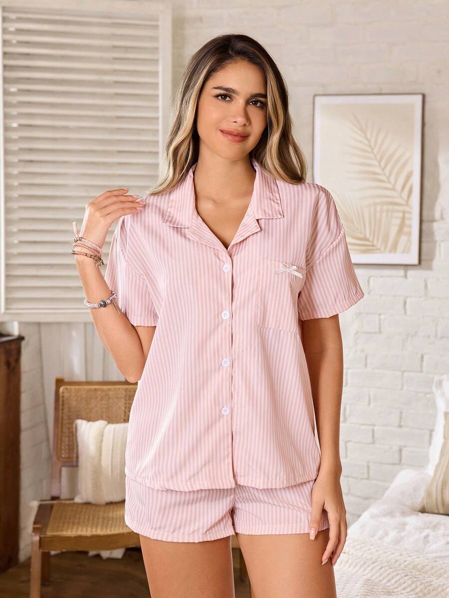 Serenescape Striped Print Lapel Short Sleeve Shorts Pajama Set For Women - Coral Orange - View 1