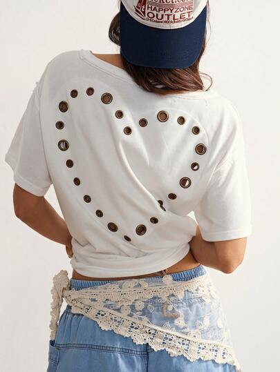 Bohemela Summer Casual Solid Color Asymmetric Collar Metal Buckle Decor T-Shirt,Summer Top