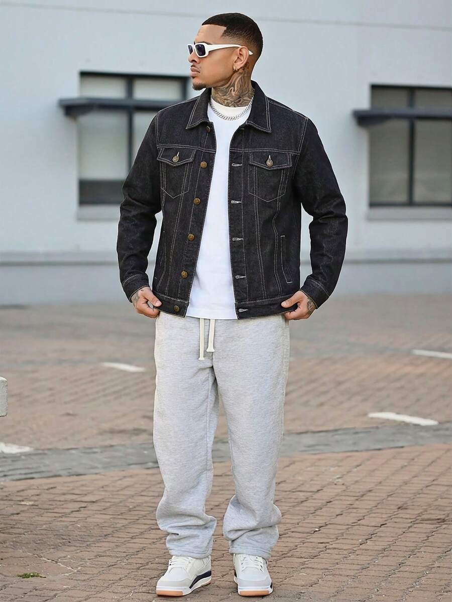 Devon Thys 男士长袖经典修身牛仔夹克，秋季款 - 黑色 - 查看 1