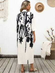 Breezaya Women's Elegant Sexy Casual Vacation Style Turndown Collar Dropped Shoulder Loose Long Floral Print White Shirt Dress Golf Summer - Apricot - View 2