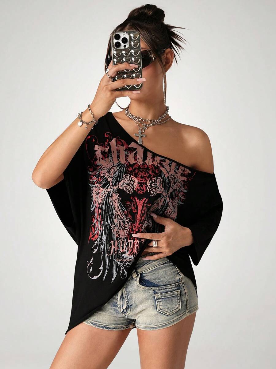 SHEIN ICON Punk Rock Graphic Print Casual Asymmetric Loose T-Shirt - Multicolor - View 1