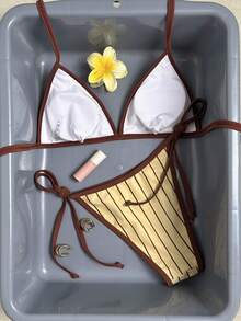 Swim Mod Vaytide Women's Sweet Sexy Geometric Striped Contrast Color Bikini Set, Vacation Swimwear Set, Spring/Summer, Two Pieces Beach Beige - Multicolor - View 2
