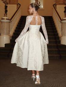 SHEIN PETITE 优雅白色撞色蕾丝3D立体压花方领长袖A字连衣裙，白色招待会礼服，彩排晚宴礼服 - 白色 - 查看 2