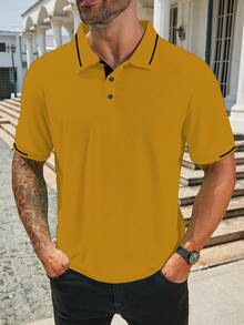 Manfinity Homme Men's Casual Patchwork Color Short Sleeve Polo Shirt, Versatile For Daily Wear - Yellow - View 3