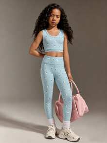 Tween Girls Activewear Set, Colorful Pattern, Bright & Vivid, Top With Cutout Back Design + Pants Set, Suitable For Gymnastics Training, Daily Wear, And Casual Outings - Baby Blue - View 5