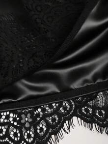 Sweetra 女士春夏新款性感缎面蕾丝拼接蝴蝶结不对称下摆黑色迷你裙 - 黑色 - 查看 6