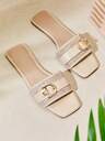 SHUZIA New Cute Women's Beige Sandal Gold Decor, Easy-Wear Slide Sandal Stylish Comfort Open Toe Spring Summer Chic Holiday Easter Beach Shoes