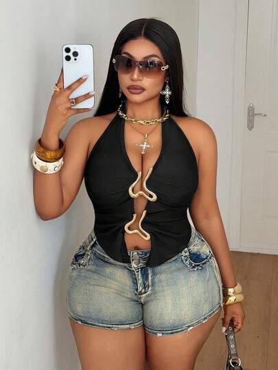 Maweii 大码女士性感纯色金属装饰细节无袖露背吊带背心