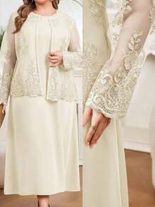 Modelyn Conjunto de duas peças elegante plus size para o dia a dia, em cor sólida, com blusa e vestido em tule bordado. - Damasco - Ver 1