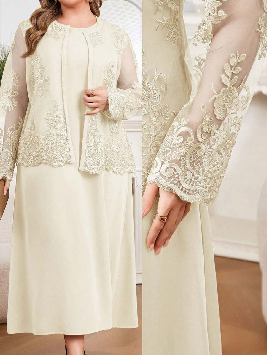 Modelyn Conjunto de duas peças elegante plus size para o dia a dia, em cor sólida, com blusa e vestido em tule bordado. - Damasco - Ver 1