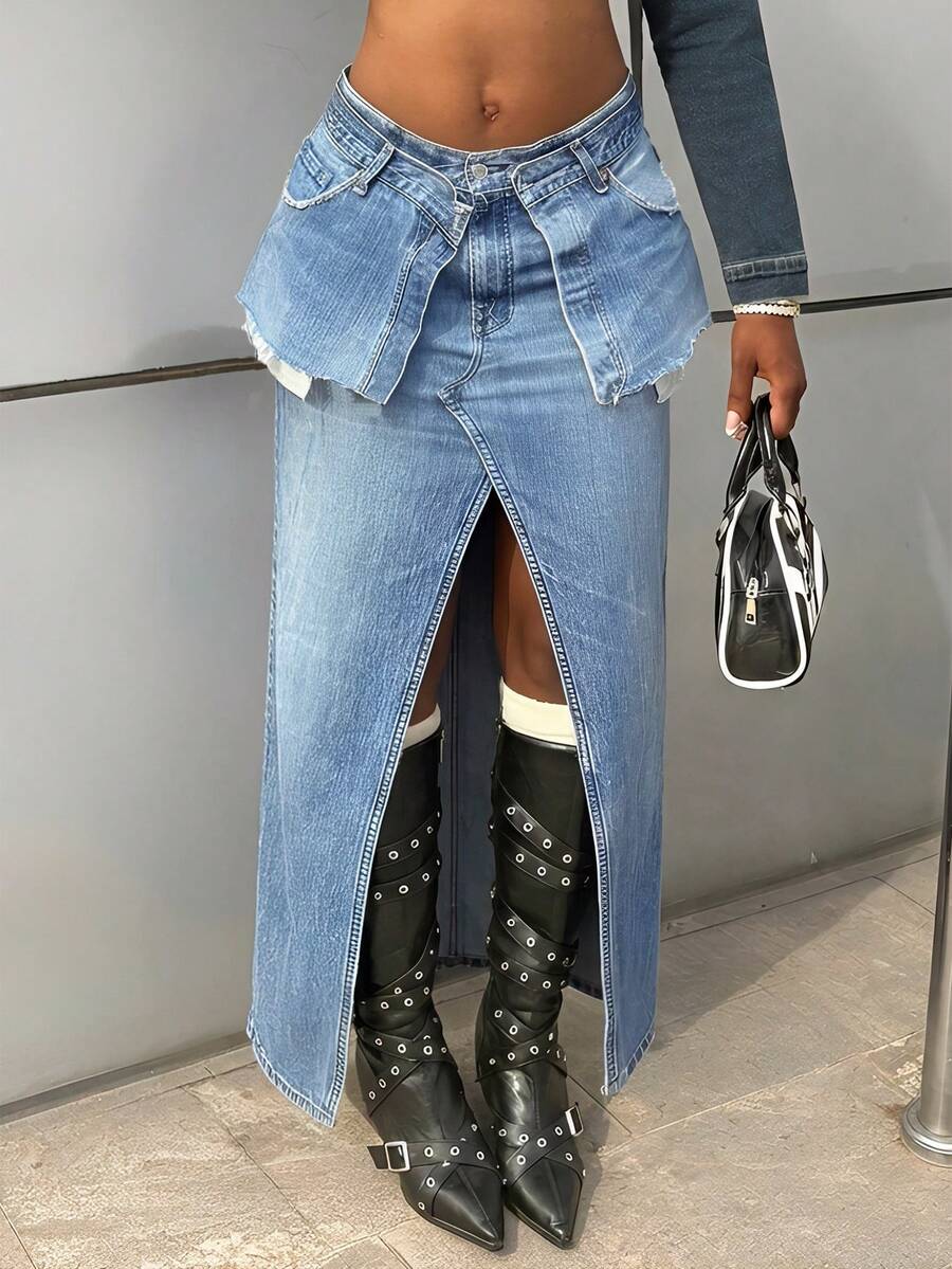 StreetHx Fashionable Casual Street Style 2 In 1 Button-Up Slit Denim Skirt - Medium Wash - View 1