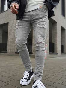 Artur Kramer Men's Stretch Skinny Ripped Jeans, Casual Solid Color Slim Fit Pants - Grey - View 6