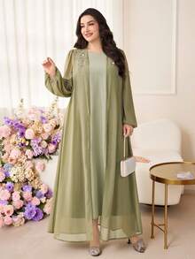 Al Najma 大码女士优雅刺绣阿拉伯风格连衣裙 - 橄欖綠 - 查看 8