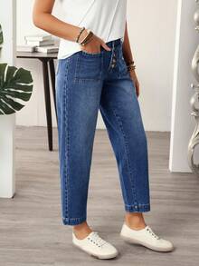 EMERY ROSE Plus Size Women Pockets Button Casual Versatile Daily Wear Denim Jeans - Dark Wash - View 4