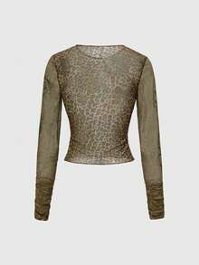 ROMWE J-Fashion Y2K Vintage Madonna Graphic & Leopard Print Sheer Tight Sexy Women Top - Brown - View 2