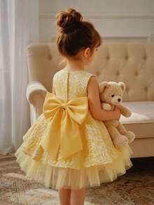 Glamorique Kids 女婴黄色提花面料连衣裙，拖尾裙摆，后背蝴蝶结装饰，适合生日派对、婚礼宾客、节日等场合，女婴公主裙，女婴派对连衣裙，女婴薄纱连衣裙，小女孩连衣裙，黄色婴儿连衣裙 - 黃色 - 查看 8