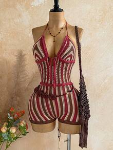 Soleia Women's Halter Strap Striped Tie-Up Fashionable Summer Jumpsuit - Multicolor - View 6