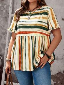 EMERY ROSE Blouse à manches courtes et volantées, col rond, rayures colorées, pour femmes grandes tailles, décontractée et idéale pour les vacances - Nude - Voir 2