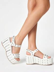 ROMWE Grunge Punk Giày sandal đế xuồng đính kim tuyến, khóa cài nhọn dành cho nữ. - trắng - Xem 4