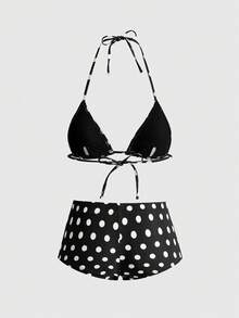 ROMWE Avant 新款性感波点印花露背蝴蝶结细肩带比基尼套装，适合海滩、泳池、派对度假，黑色夏季款 - 黑色 - 查看 2