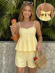 SHEIN Teen Girls' Summer Casual Vacation Cream Yellow Striped Bow Decor Camisole And Loose Shorts Set - Yellow - View 8