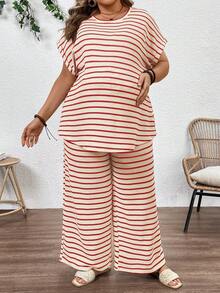 SHEIN 2件套孕妇加大码圆领条纹上衣和裤子，休闲日常穿着 - 紅色 - 查看 3