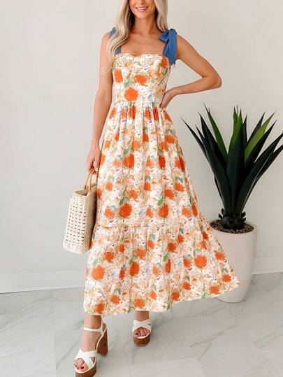 Coeurva Vestido de mujer con estampado de plantas y tirantes con lazo para vacaciones