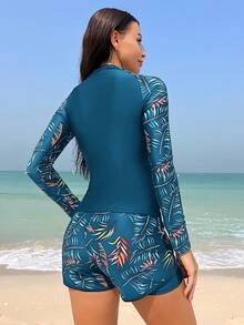 Swim SPRTY Setelan Jaket dan Celana Pendek Lengan Panjang Kasual Motif Tanaman Tropis untuk Wanita, Cocok untuk Liburan di Pantai - Teal Blue - View 2