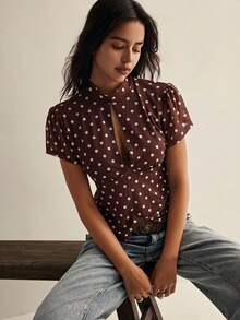 Casual Retro Sheer Polka Dot Sexy Blouse For Women,Summer Top Peplum Top Short Sleeve Top Polka Dot Top Brown Polka Dot Top - Multicolor - View 7