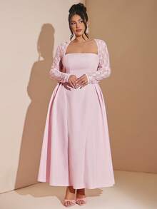 SHEIN BAE 大码女士粉色中长连衣裙，优雅花园约会连衣裙 - 粉色 - 查看 4