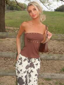 Sydney Algeri 女士棕色街头风 Y2K 短款上衣，朋克摇滚明星图案修身背心，秋冬款 - 棕色 - 查看 1