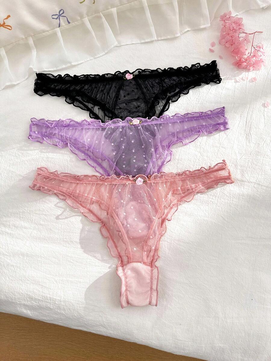 PetitDoll Set de 3 bragas y tangas con volantes y diseño sexy para mujer de talla grande - Multicolor - Ver 1