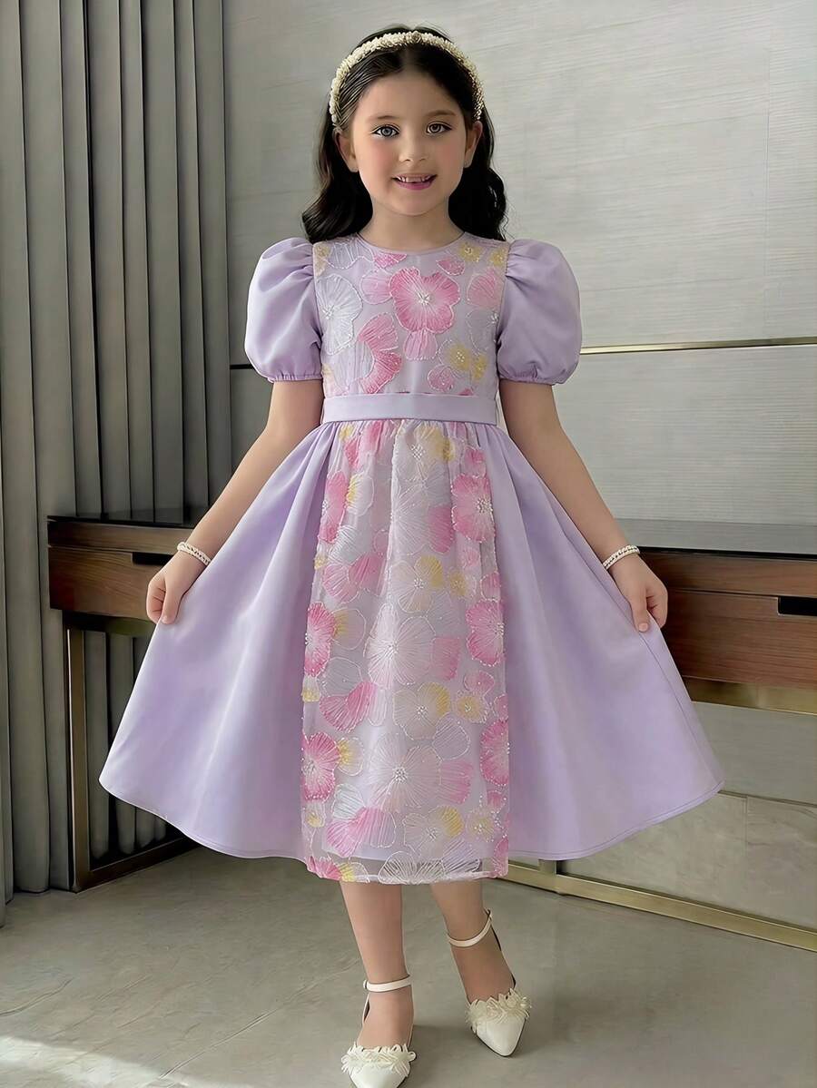 SHEIN Tween Girls Elegant Purple Beaded Embroidered Peter Pan Collar Short Sleeve A-Line Princess Dress - Purple - View 1