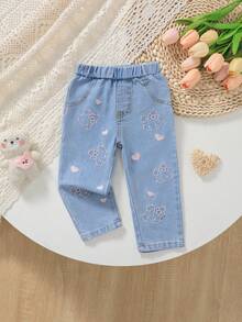 1pc Girls/Baby Cute Casual Blue Heart & Cartoon Animal Embroidered Straight Leg Denim Pants - Blue - View 1
