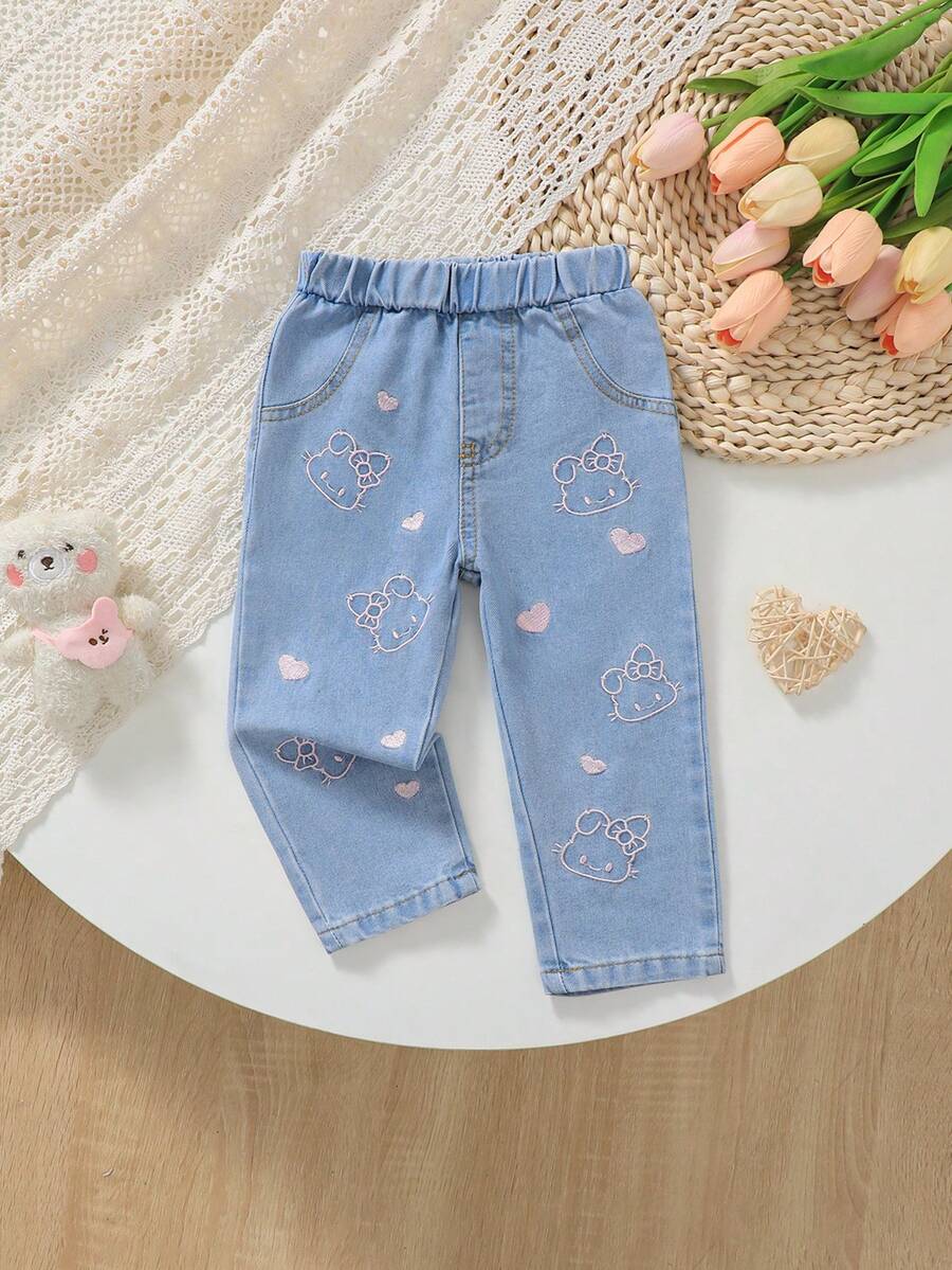 1pc Girls/Baby Cute Casual Blue Heart & Cartoon Animal Embroidered Straight Leg Denim Pants - Blue - View 1