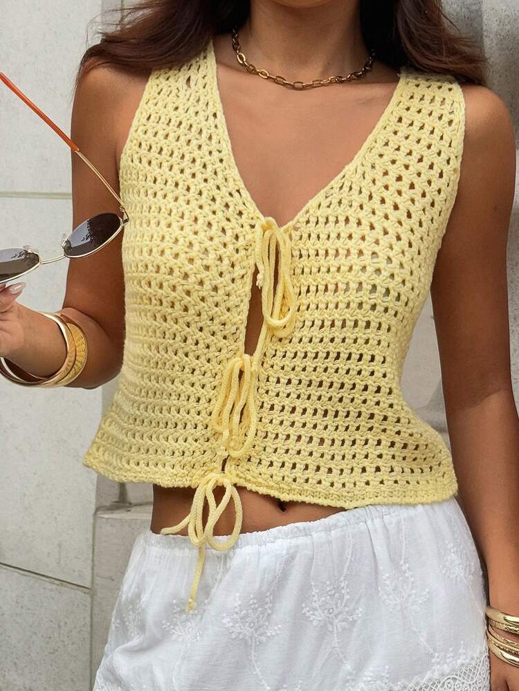 Women's Solid Color Sleeveless Cropped Cardigan Tie Front Casual Beach Summer Top